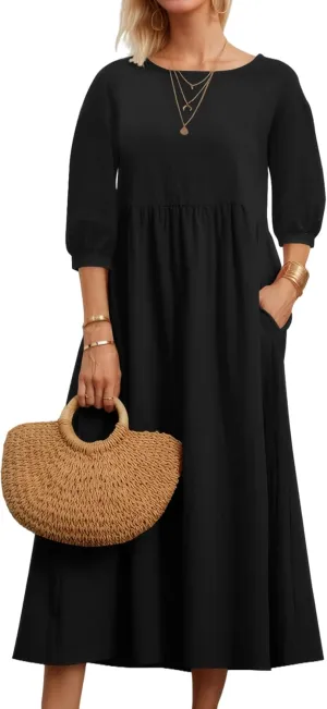 Womens Linen Cotton Dresses Solid 3/4 Sleeves Maxi Casual Dress with Pocket
