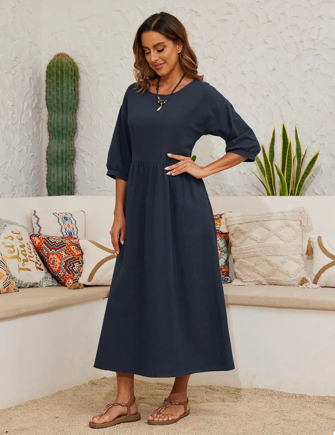 Womens Linen Cotton Dresses Solid 3/4 Sleeves Maxi Casual Dress with Pocket