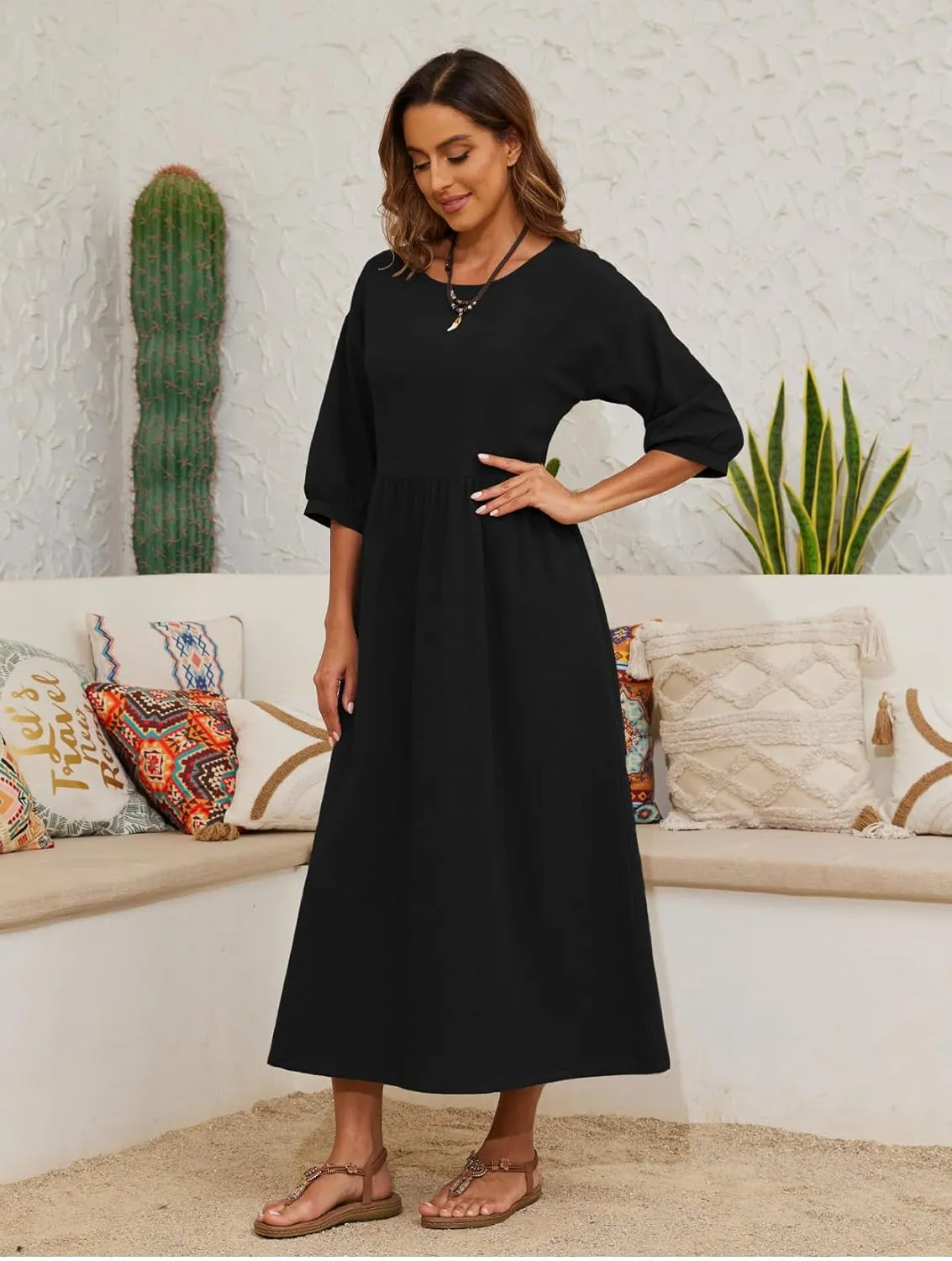 Womens Linen Cotton Dresses Solid 3/4 Sleeves Maxi Casual Dress with Pocket