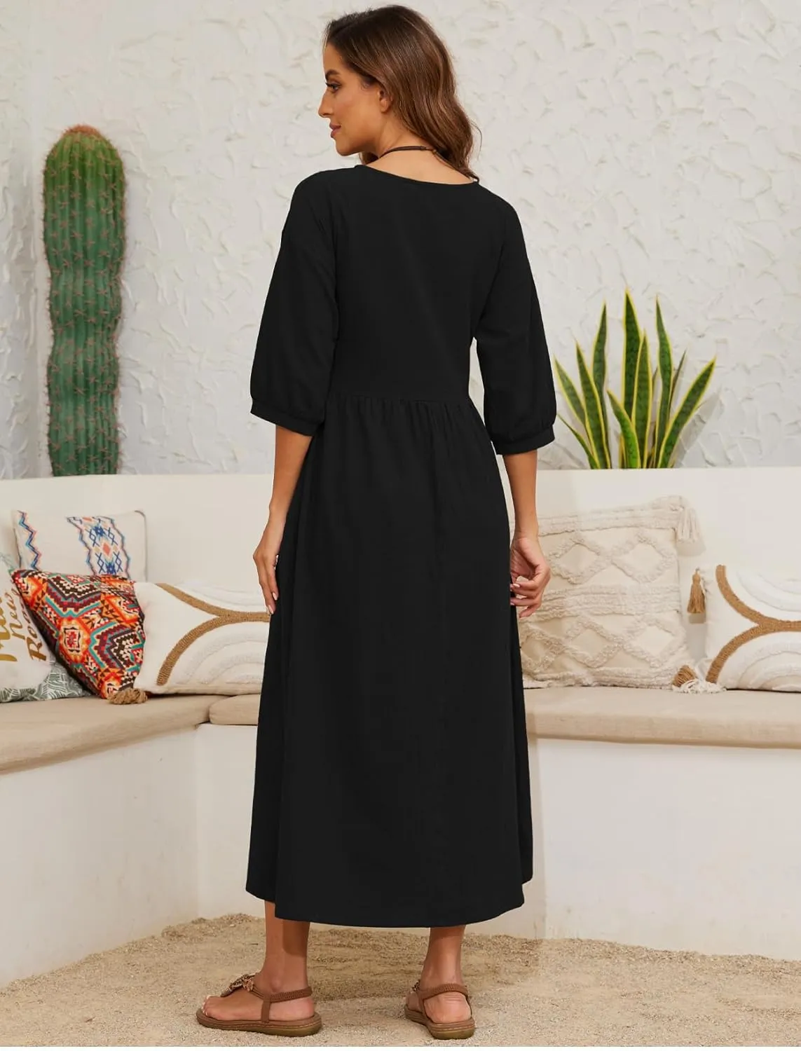 Womens Linen Cotton Dresses Solid 3/4 Sleeves Maxi Casual Dress with Pocket