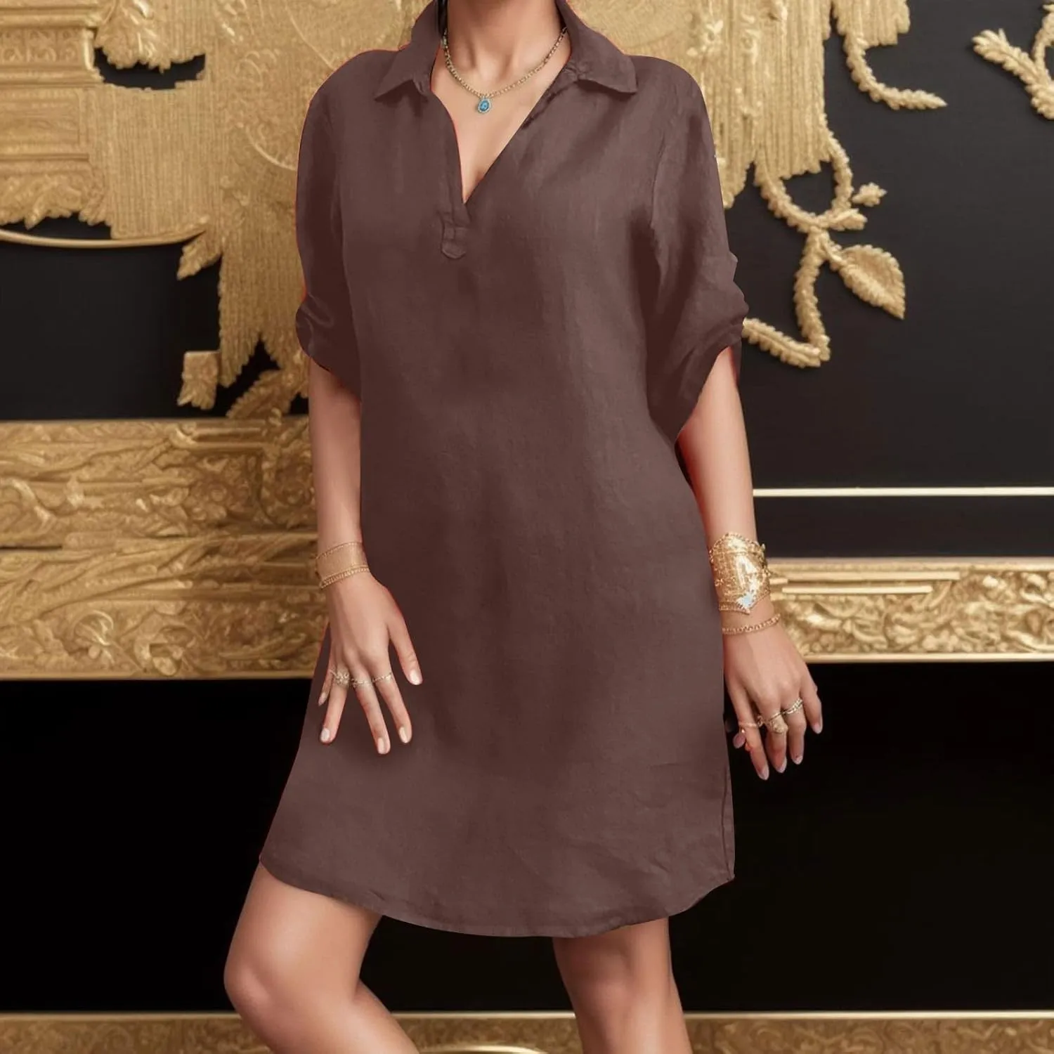 Womens Linen Dresses 2025 Summer Loose Vintage V Neck Short Sleeve Dresses Vacatioon Boho a Line Mini Shift Dress
