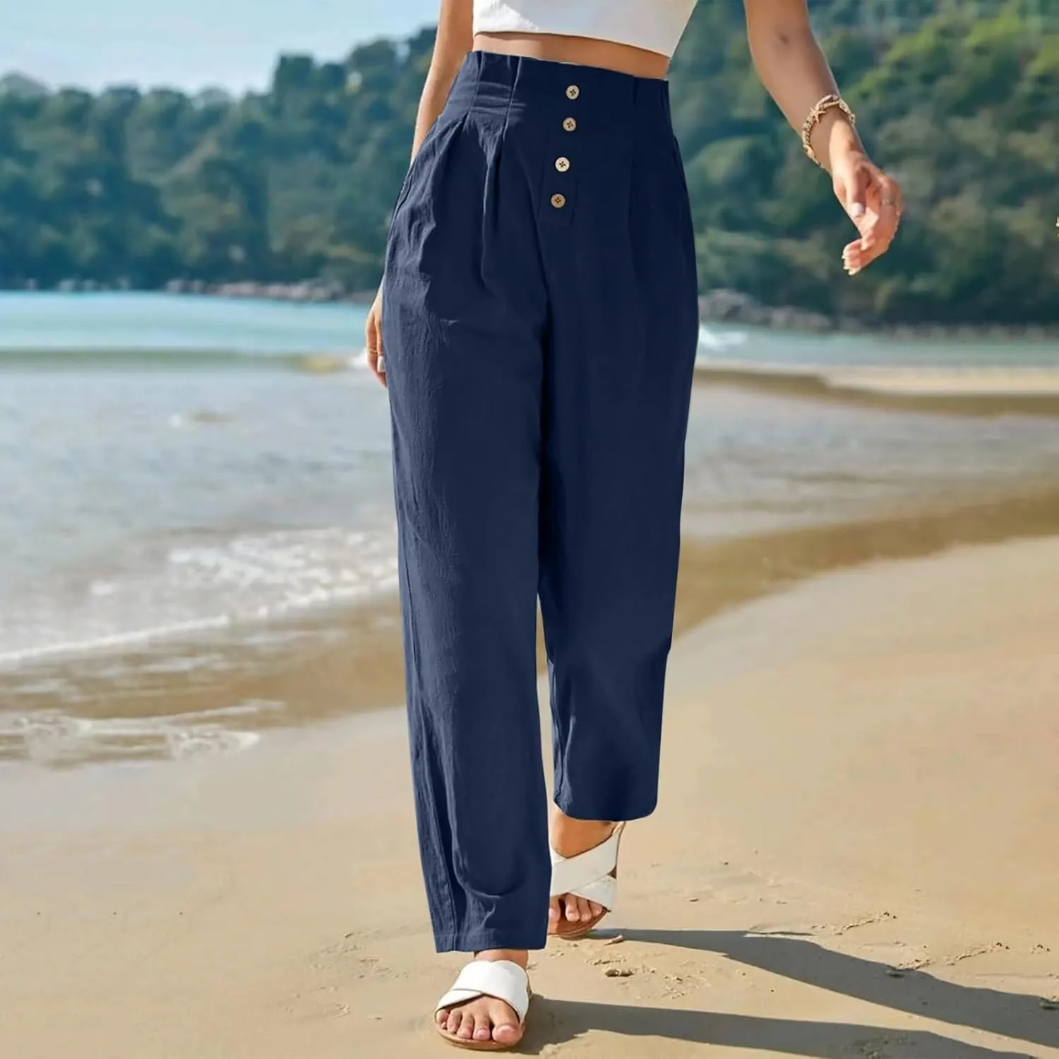Womens Linen Pants Summer High Waisted Work Pants Trousers Lightweight Paperbag Elastic Waist Pants with Pockets
