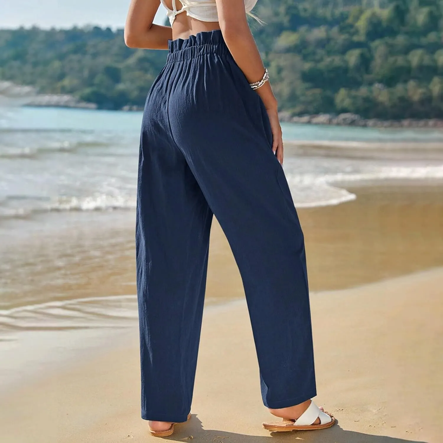 Womens Linen Pants Summer High Waisted Work Pants Trousers Lightweight Paperbag Elastic Waist Pants with Pockets