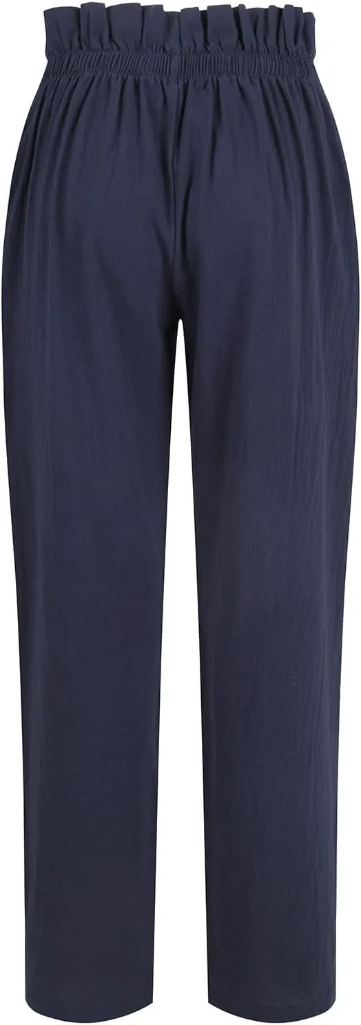 Womens Linen Pants Summer High Waisted Work Pants Trousers Lightweight Paperbag Elastic Waist Pants with Pockets