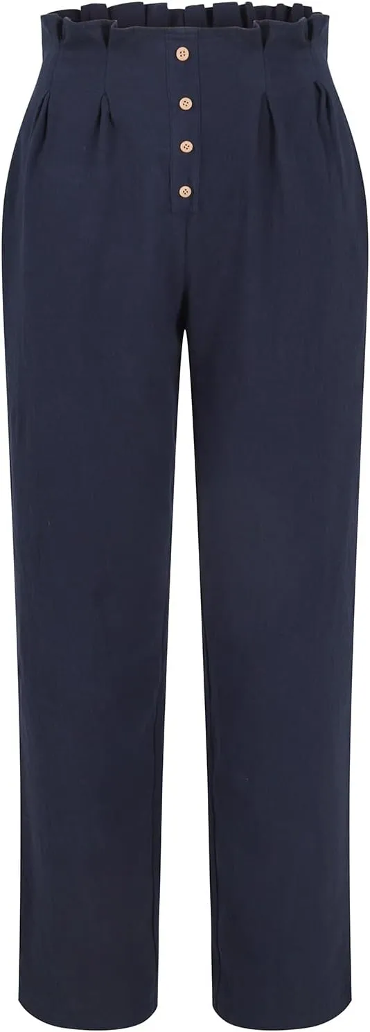 Womens Linen Pants Summer High Waisted Work Pants Trousers Lightweight Paperbag Elastic Waist Pants with Pockets