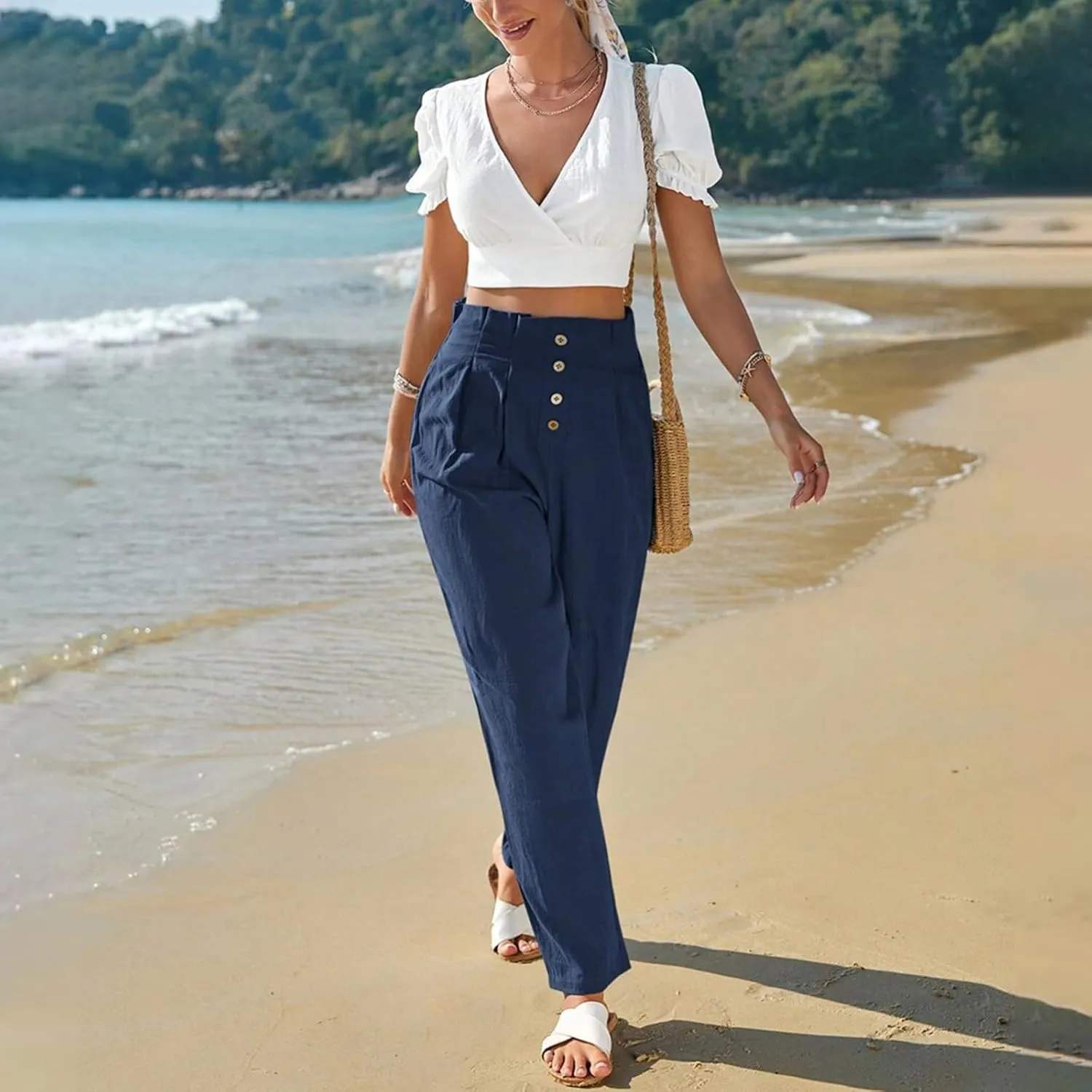 Womens Linen Pants Summer High Waisted Work Pants Trousers Lightweight Paperbag Elastic Waist Pants with Pockets