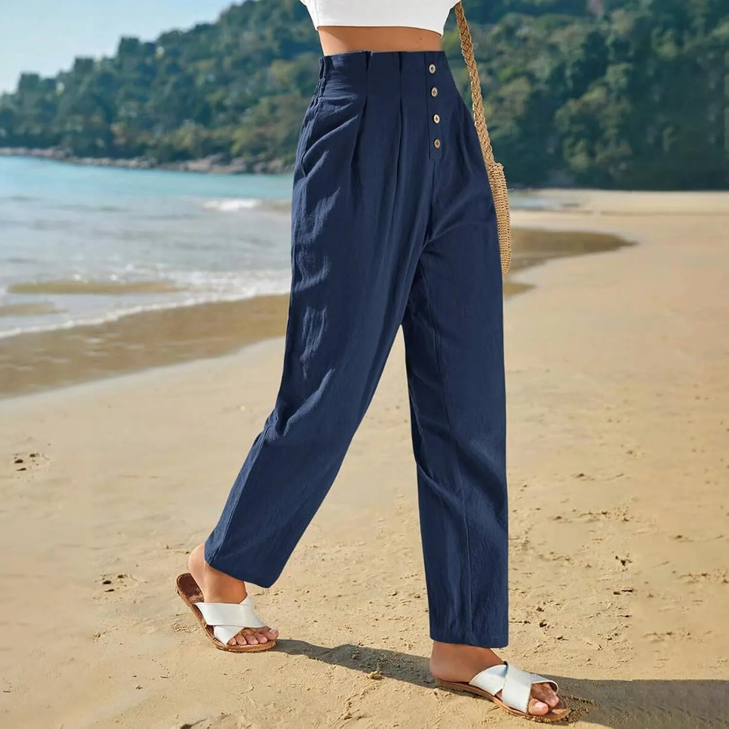 Womens Linen Pants Summer High Waisted Work Pants Trousers Lightweight Paperbag Elastic Waist Pants with Pockets