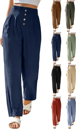 Womens Linen Pants Summer High Waisted Work Pants Trousers Lightweight Paperbag Elastic Waist Pants with Pockets