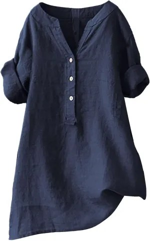 Women's Linen Shirts Summer Linen Floral Short Sleeve T Shirt Casual Loose Fit Henley V-Neck Tee Shirt