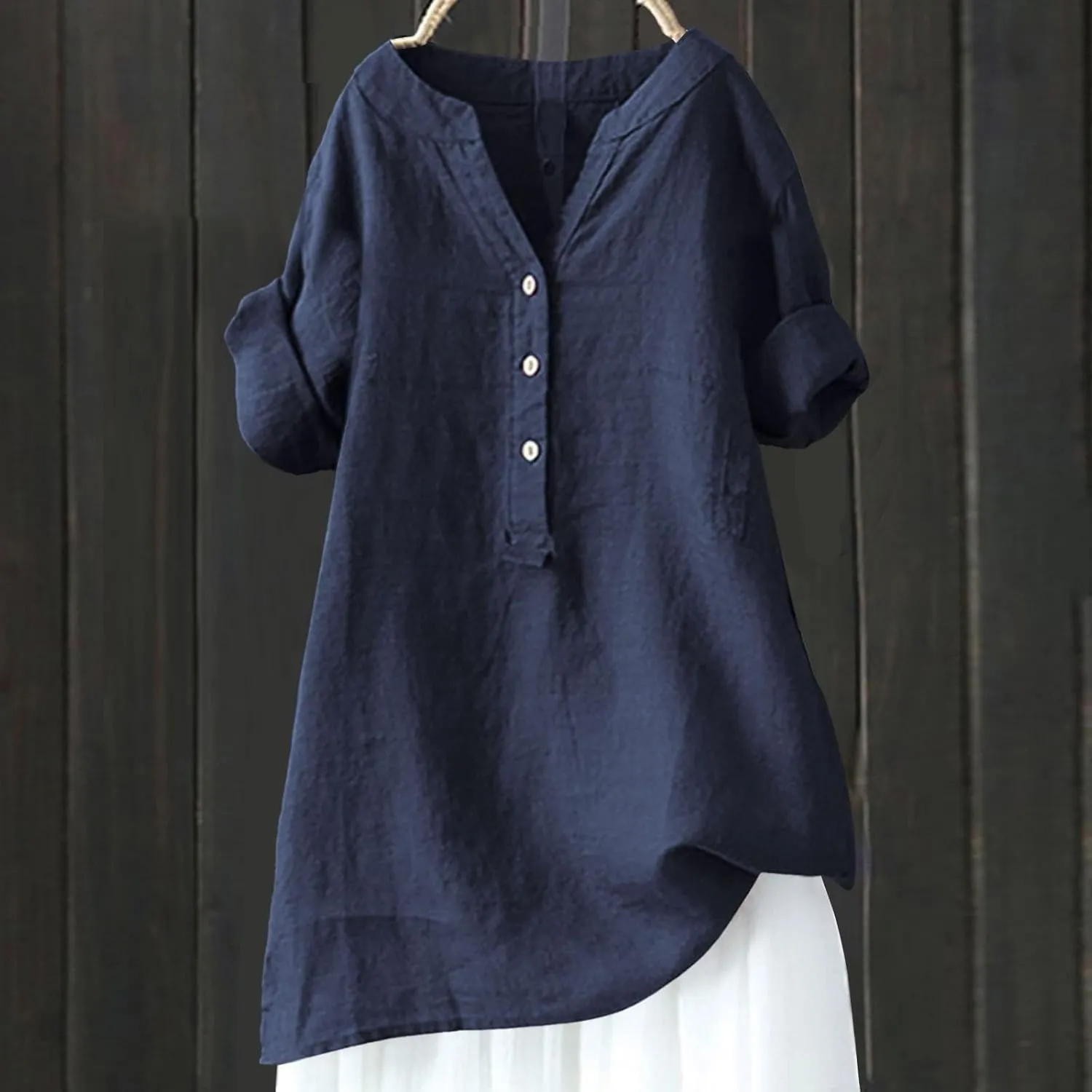 Women's Linen Shirts Summer Linen Floral Short Sleeve T Shirt Casual Loose Fit Henley V-Neck Tee Shirt
