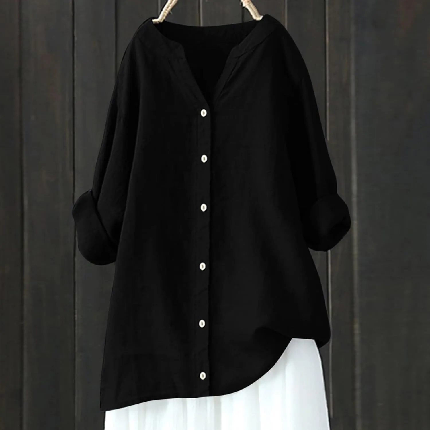 Womens Linen Shirts V Neck Button Up Blouse Embroidery Floral Comfy Tee Shirt Short Sleeve Loose Fit Shirts