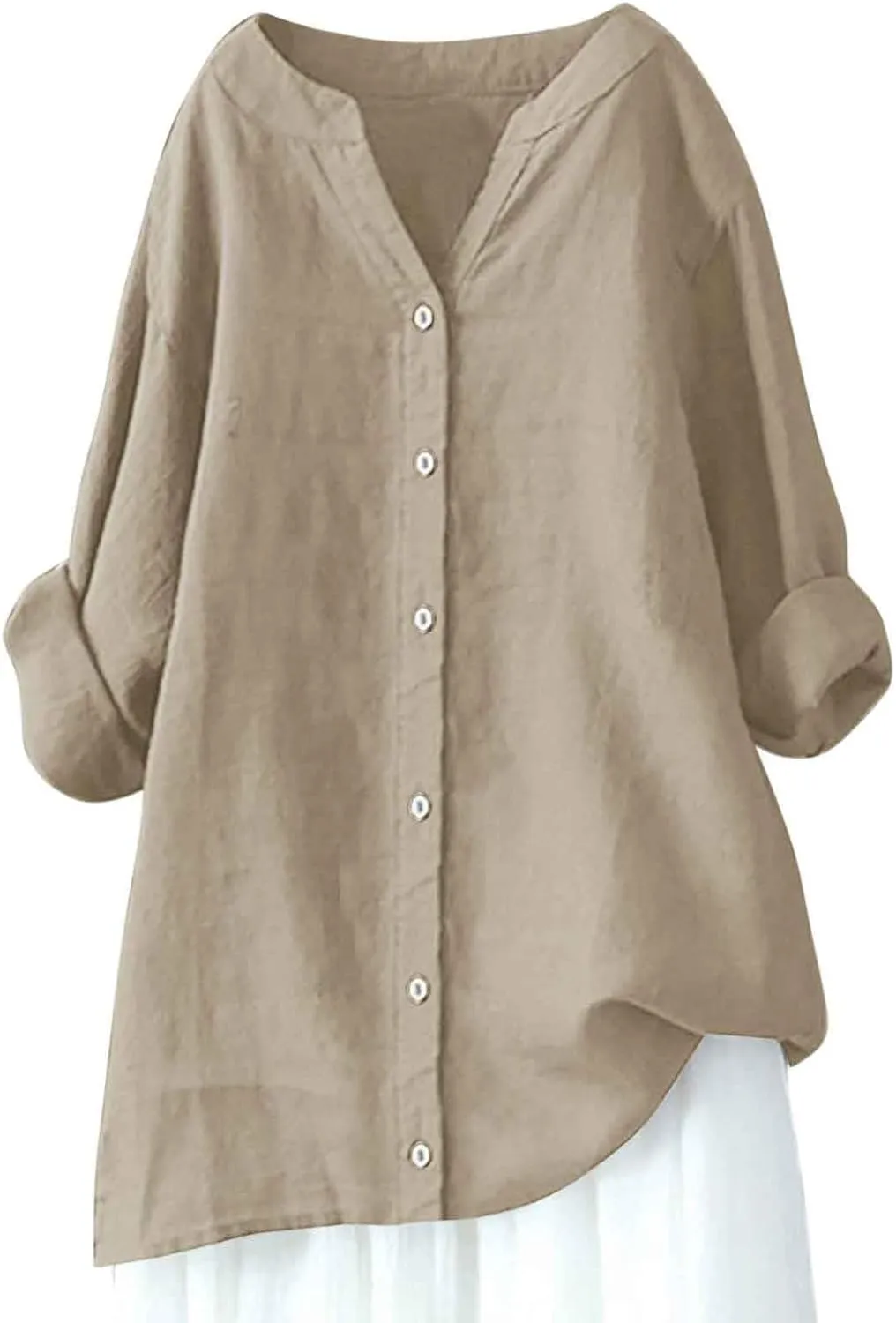 Womens Linen Shirts V Neck Button Up Blouse Embroidery Floral Comfy Tee Shirt Short Sleeve Loose Fit Shirts