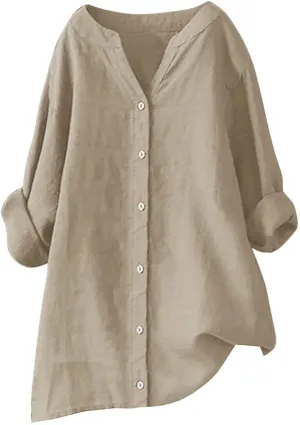 Womens Linen Shirts V Neck Button Up Blouse Embroidery Floral Comfy Tee Shirt Short Sleeve Loose Fit Shirts