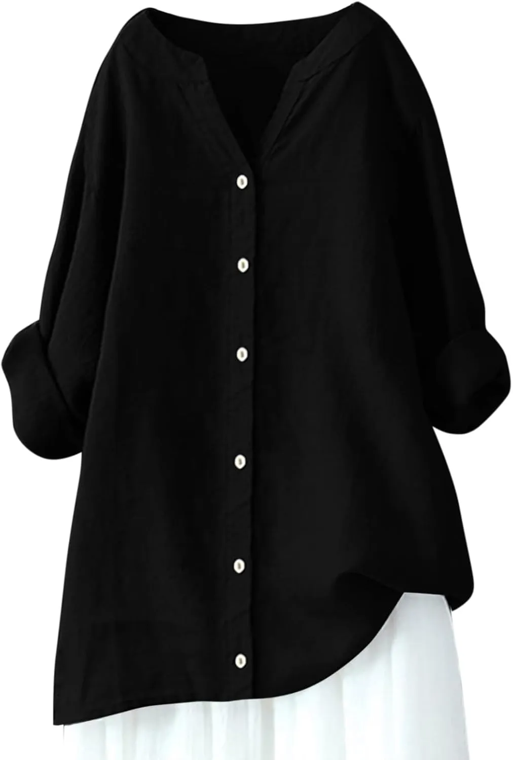 Womens Linen Shirts V Neck Button Up Blouse Embroidery Floral Comfy Tee Shirt Short Sleeve Loose Fit Shirts