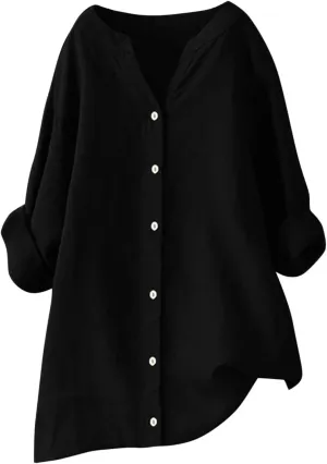 Womens Linen Shirts V Neck Button Up Blouse Embroidery Floral Comfy Tee Shirt Short Sleeve Loose Fit Shirts