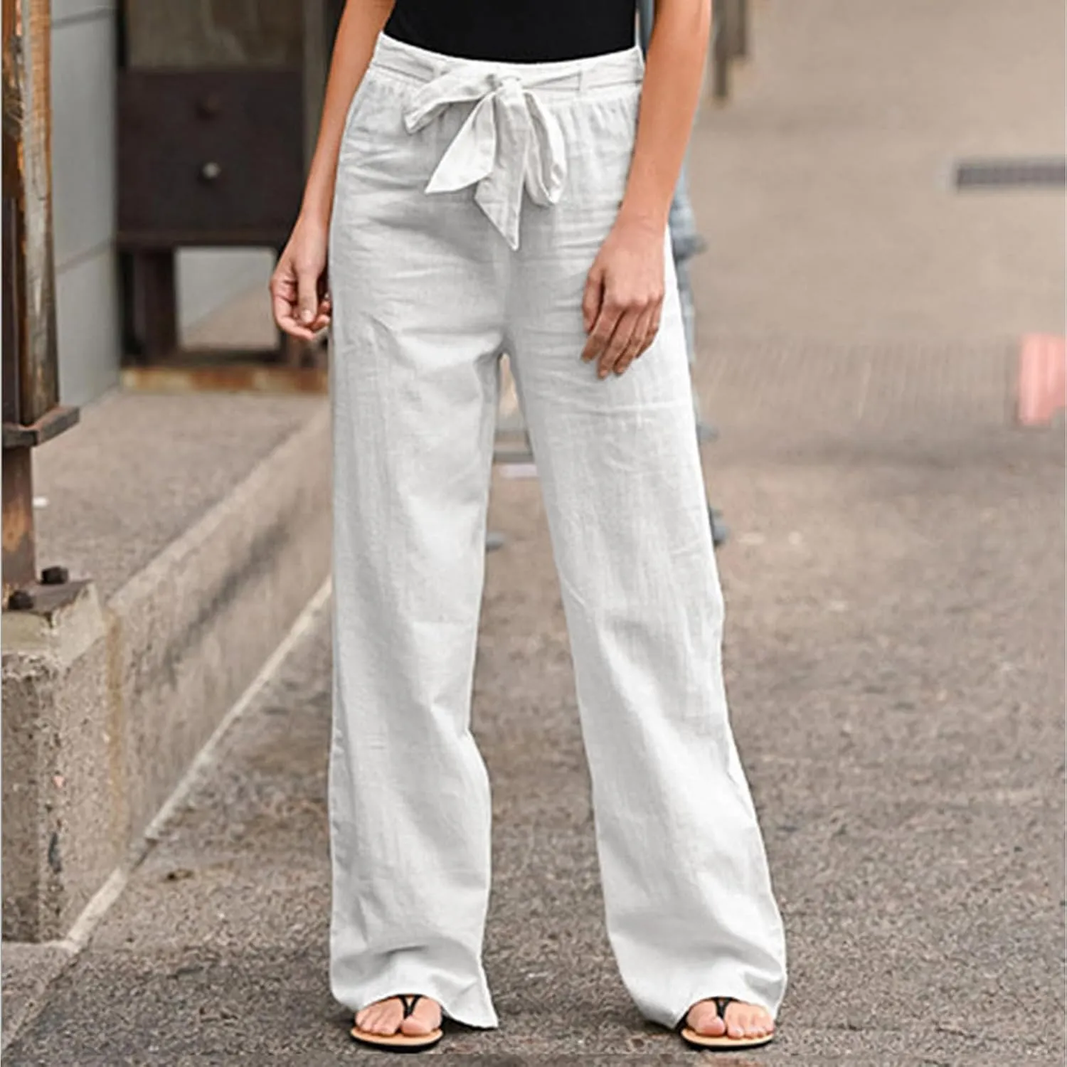 Womens Linen Summer Printed Pants Elastic Waist Stretchy Straight Loose Fit Pant Trousers Vacation
