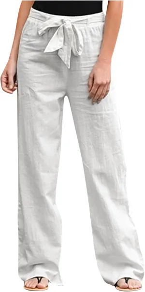 Womens Linen Summer Printed Pants Elastic Waist Stretchy Straight Loose Fit Pant Trousers Vacation
