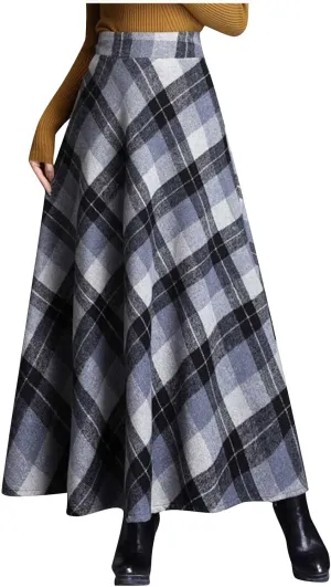 Women's Long Plaid Skirt Fall Winter High Waist A-line Pleated Maxi Skirts 2025 Spring Summer Trendy Vintage Dress