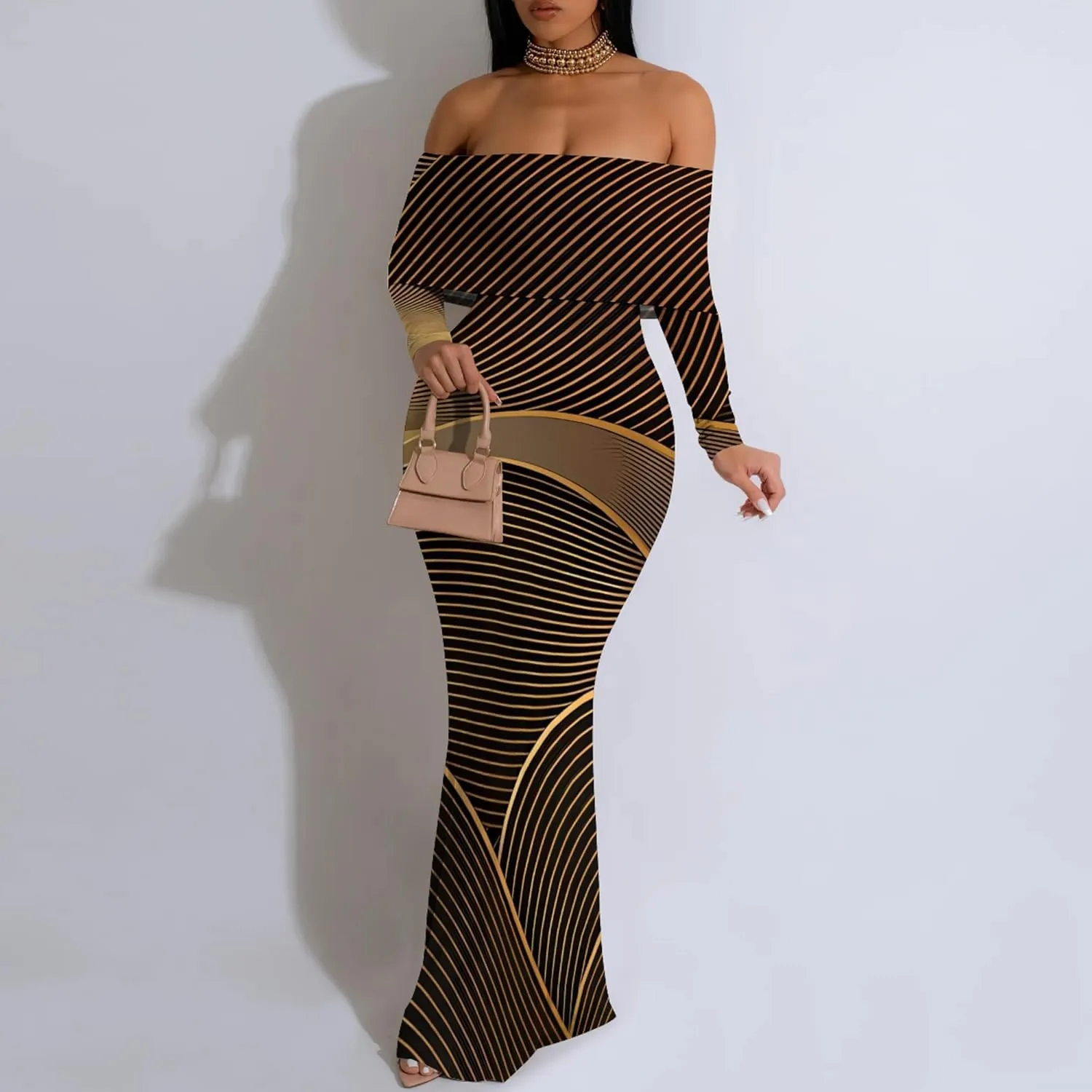 Women's Long Sleeve Evening Dress Sexy Bodycon Backless Strapless Wedding Party Cocktail Maxi Dress