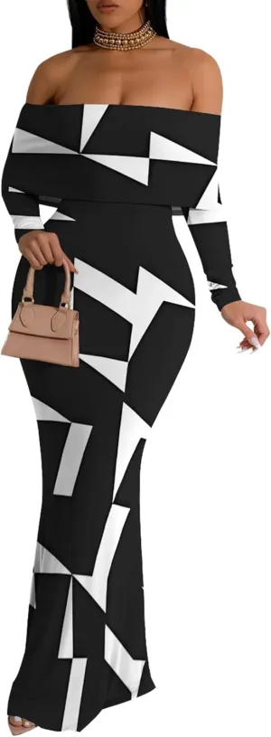 Women's Long Sleeve Evening Dress Sexy Bodycon Backless Strapless Wedding Party Cocktail Maxi Dress