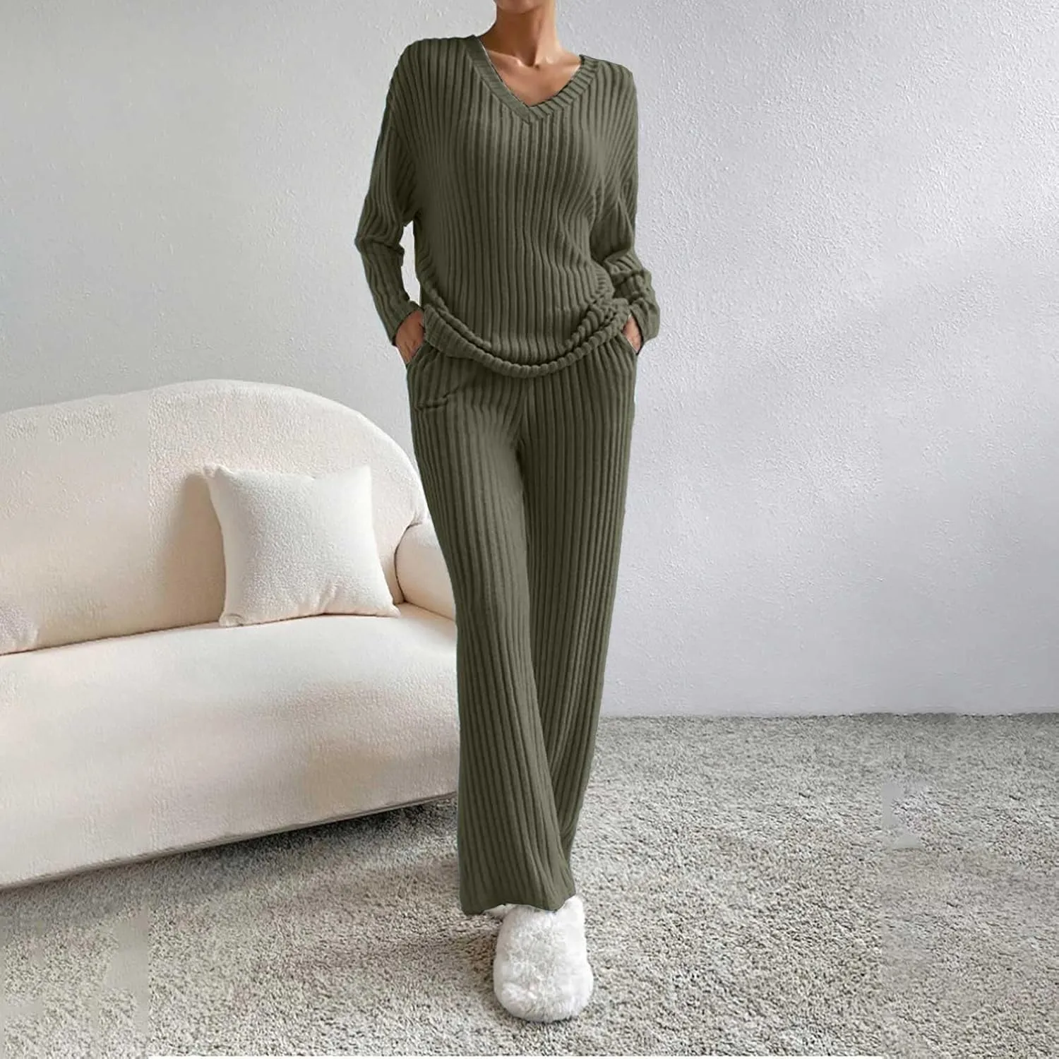 Women's Lounge Long Pajama Sets Trendy Loose Ribbed Knitted Loungewear Outfits Soft Solid Color Casual Sleepwear Sets