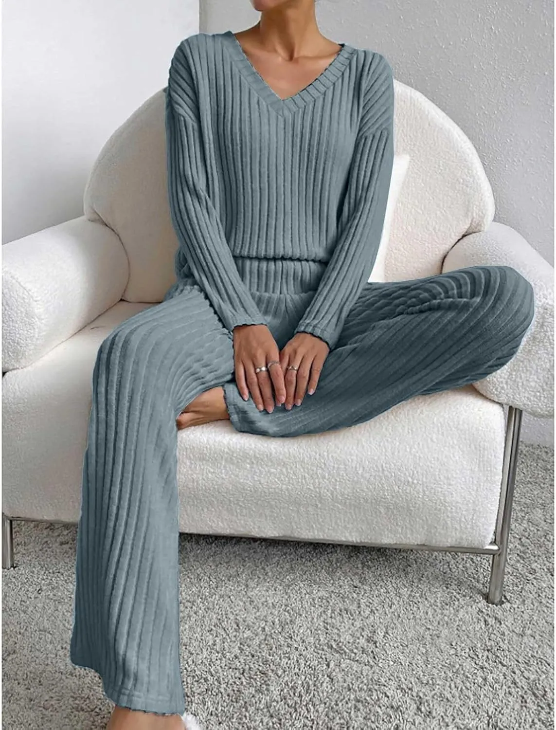 Women's Lounge Long Pajama Sets Trendy Loose Ribbed Knitted Loungewear Outfits Soft Solid Color Casual Sleepwear Sets
