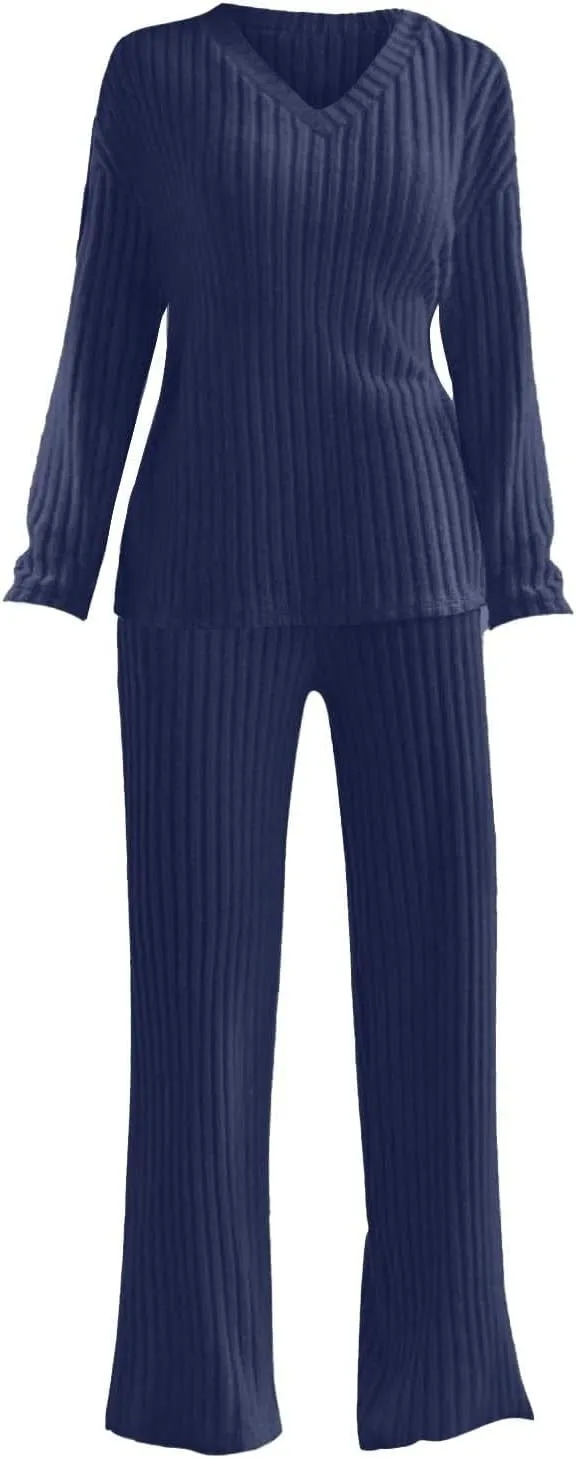 Women's Lounge Long Pajama Sets Trendy Loose Ribbed Knitted Loungewear Outfits Soft Solid Color Casual Sleepwear Sets