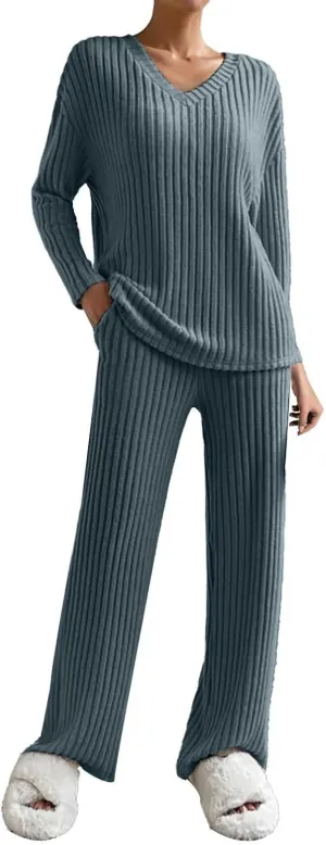 Women's Lounge Long Pajama Sets Trendy Loose Ribbed Knitted Loungewear Outfits Soft Solid Color Casual Sleepwear Sets