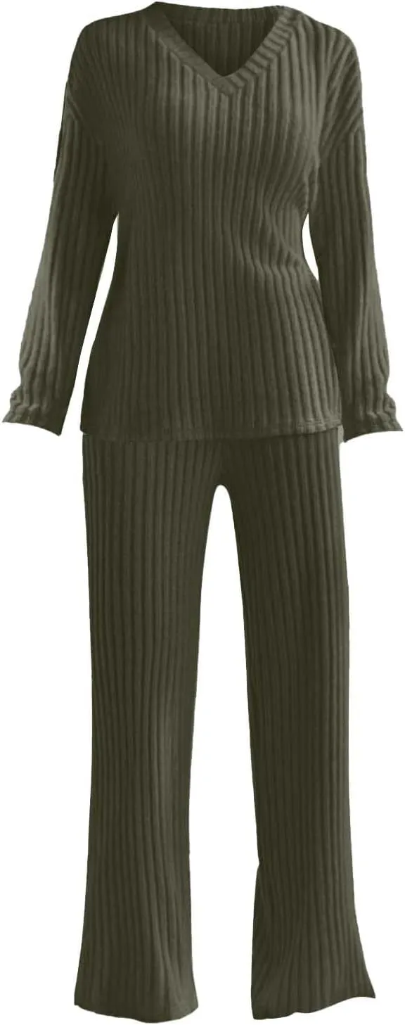 Women's Lounge Long Pajama Sets Trendy Loose Ribbed Knitted Loungewear Outfits Soft Solid Color Casual Sleepwear Sets