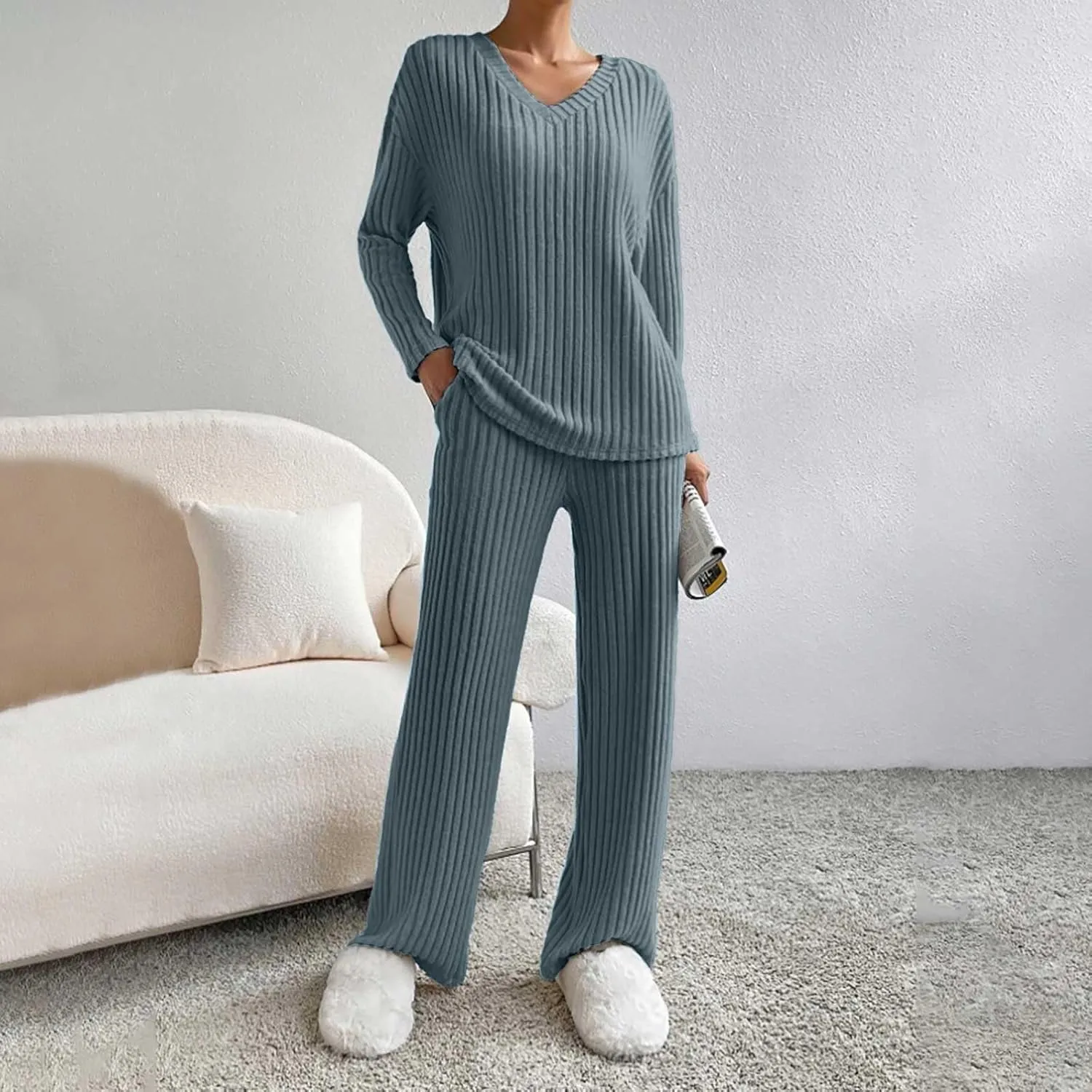 Women's Lounge Long Pajama Sets Trendy Loose Ribbed Knitted Loungewear Outfits Soft Solid Color Casual Sleepwear Sets