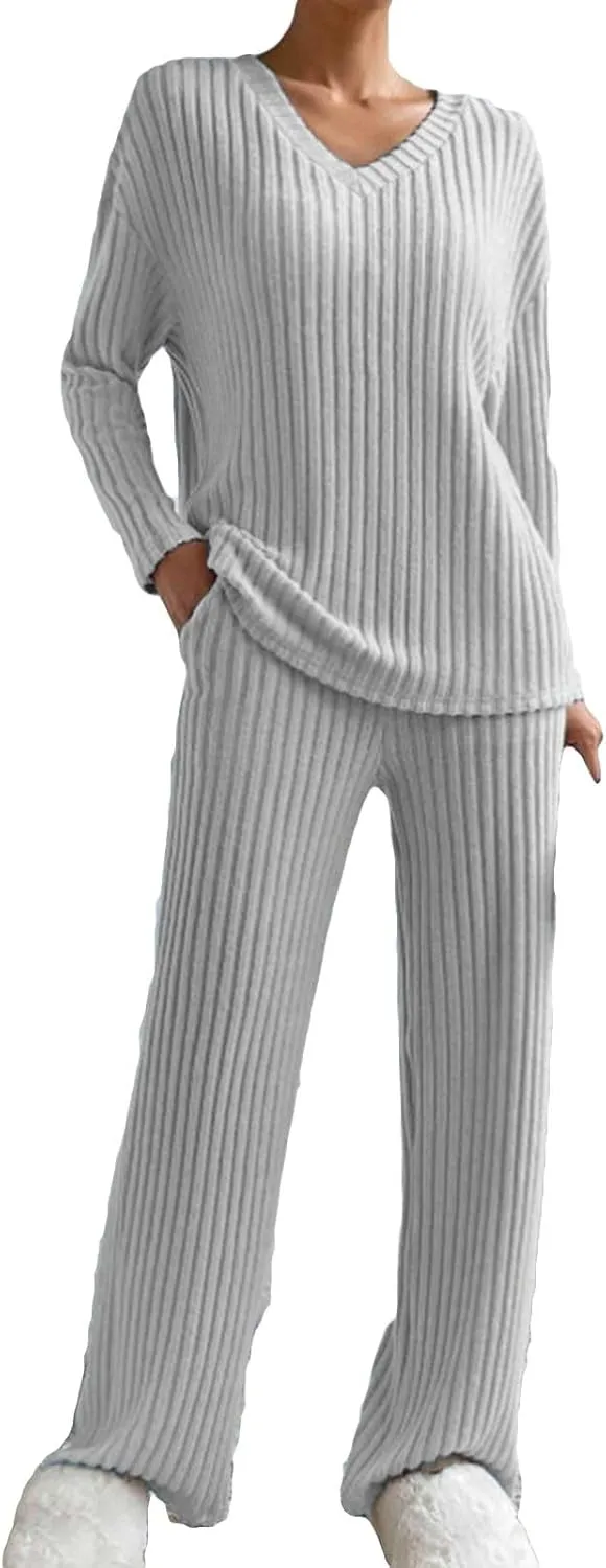 Women's Lounge Long Pajama Sets Trendy Loose Ribbed Knitted Loungewear Outfits Soft Solid Color Casual Sleepwear Sets