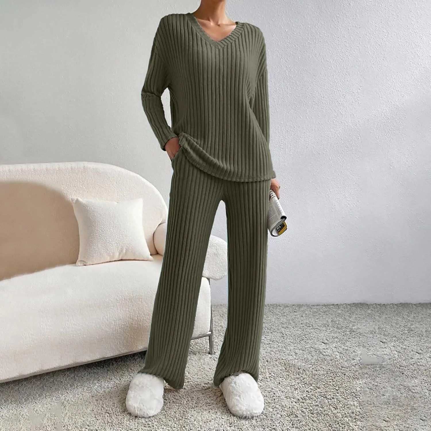 Women's Lounge Long Pajama Sets Trendy Loose Ribbed Knitted Loungewear Outfits Soft Solid Color Casual Sleepwear Sets