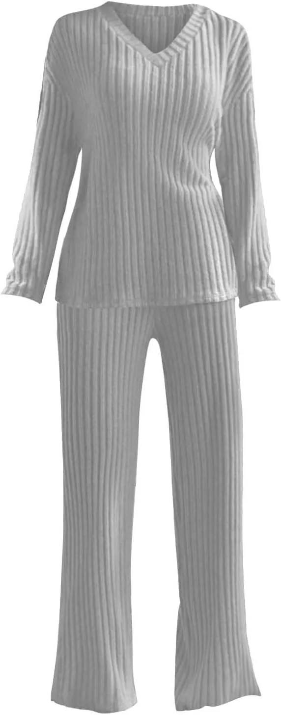 Women's Lounge Long Pajama Sets Trendy Loose Ribbed Knitted Loungewear Outfits Soft Solid Color Casual Sleepwear Sets