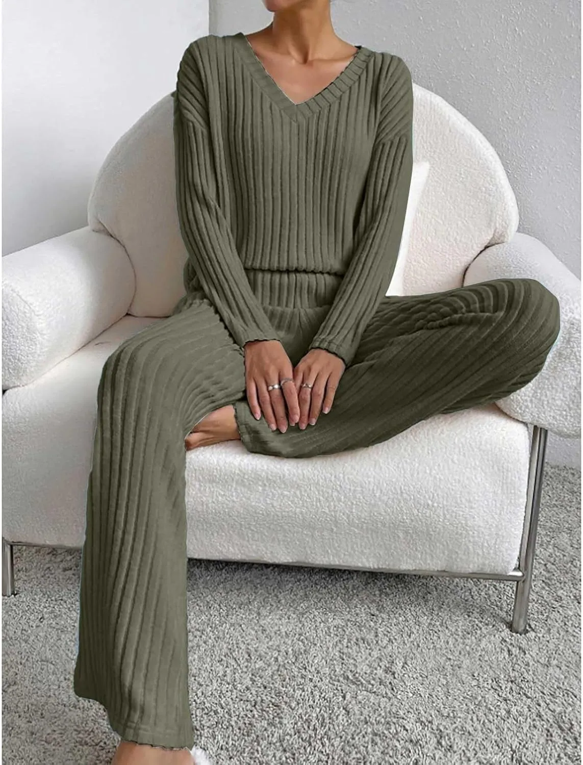 Women's Lounge Long Pajama Sets Trendy Loose Ribbed Knitted Loungewear Outfits Soft Solid Color Casual Sleepwear Sets