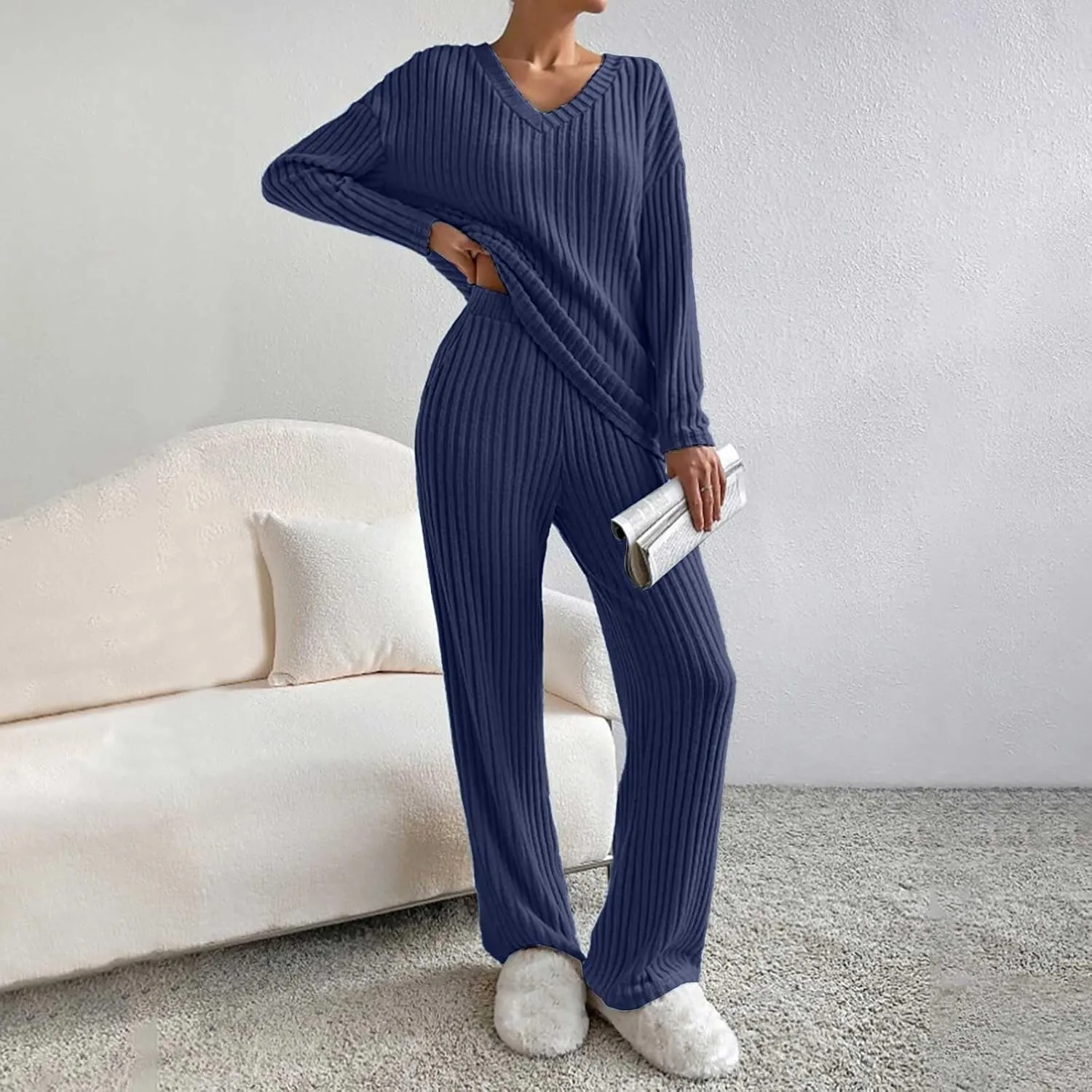 Women's Lounge Long Pajama Sets Trendy Loose Ribbed Knitted Loungewear Outfits Soft Solid Color Casual Sleepwear Sets