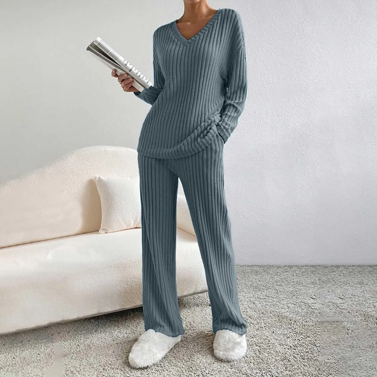 Women's Lounge Long Pajama Sets Trendy Loose Ribbed Knitted Loungewear Outfits Soft Solid Color Casual Sleepwear Sets