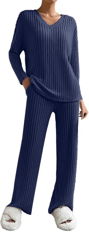 Women's Lounge Long Pajama Sets Trendy Loose Ribbed Knitted Loungewear Outfits Soft Solid Color Casual Sleepwear Sets