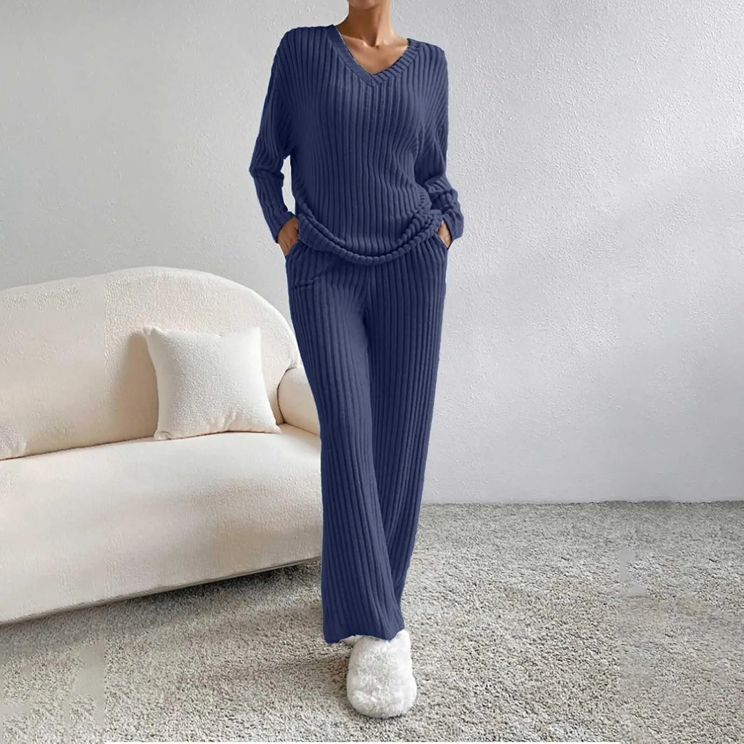 Women's Lounge Long Pajama Sets Trendy Loose Ribbed Knitted Loungewear Outfits Soft Solid Color Casual Sleepwear Sets