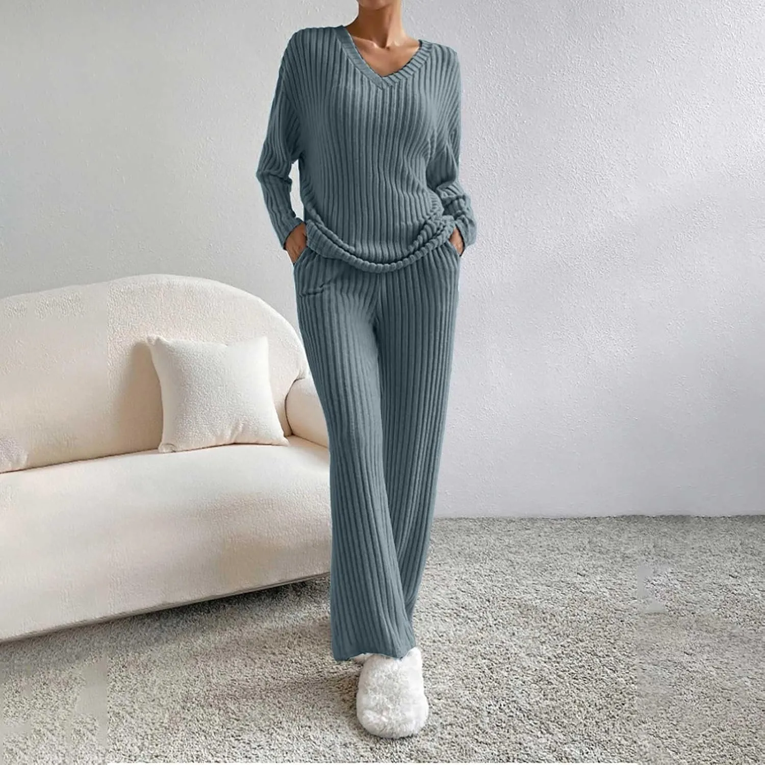 Women's Lounge Long Pajama Sets Trendy Loose Ribbed Knitted Loungewear Outfits Soft Solid Color Casual Sleepwear Sets
