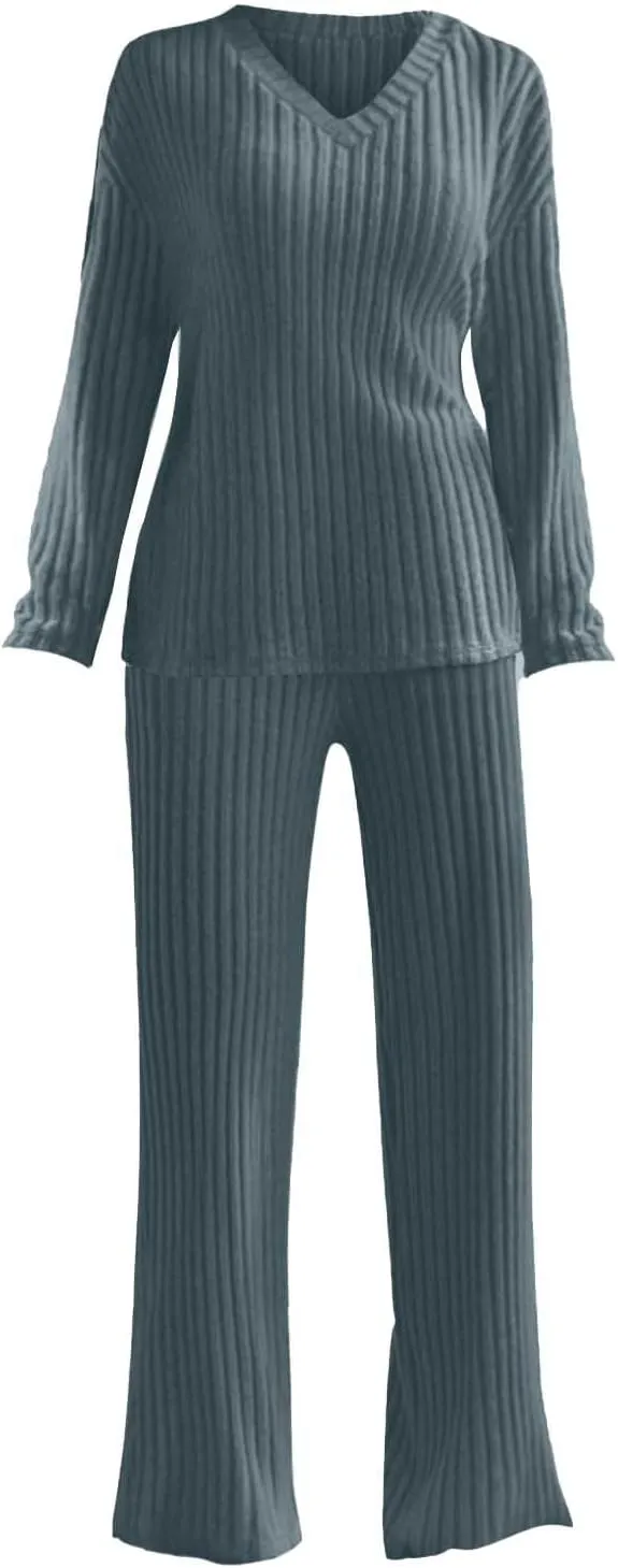 Women's Lounge Long Pajama Sets Trendy Loose Ribbed Knitted Loungewear Outfits Soft Solid Color Casual Sleepwear Sets