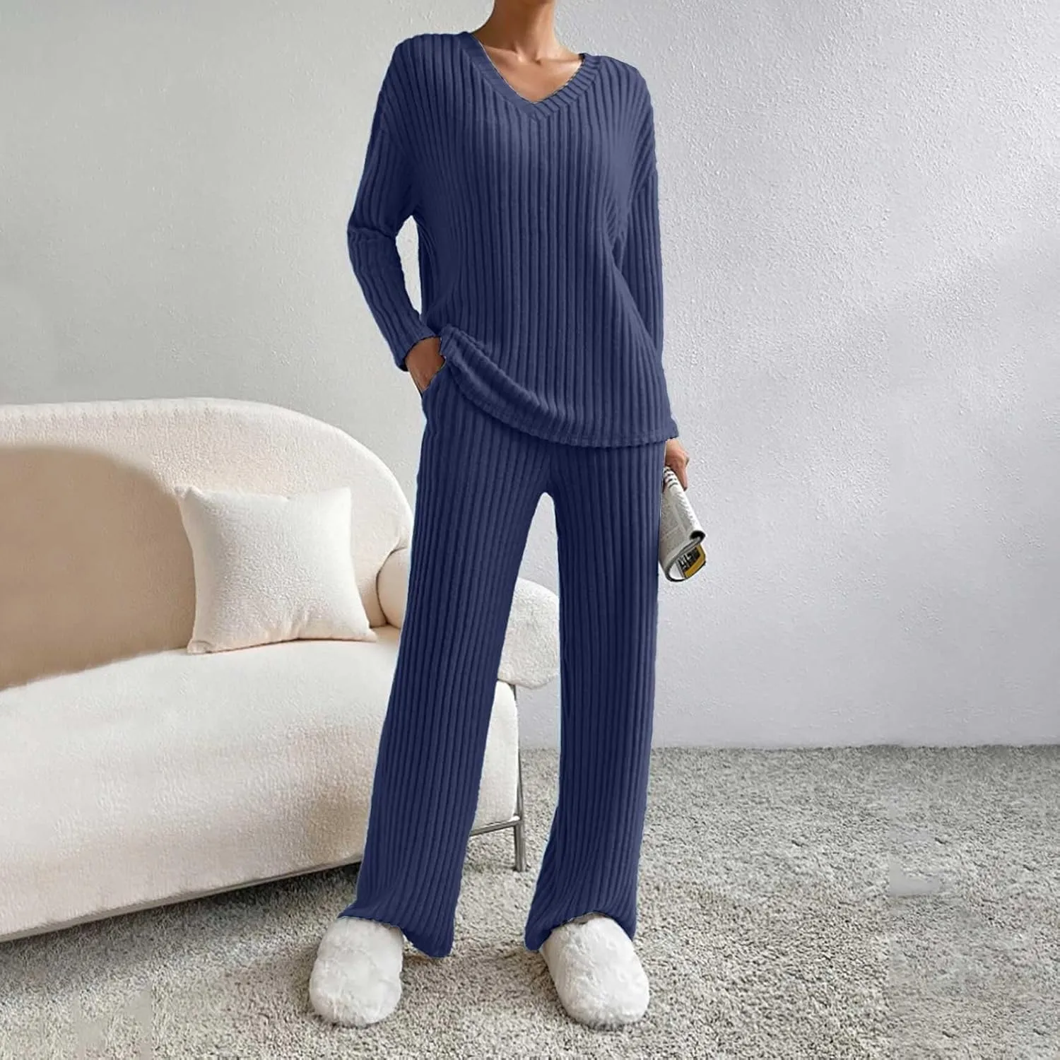 Women's Lounge Long Pajama Sets Trendy Loose Ribbed Knitted Loungewear Outfits Soft Solid Color Casual Sleepwear Sets