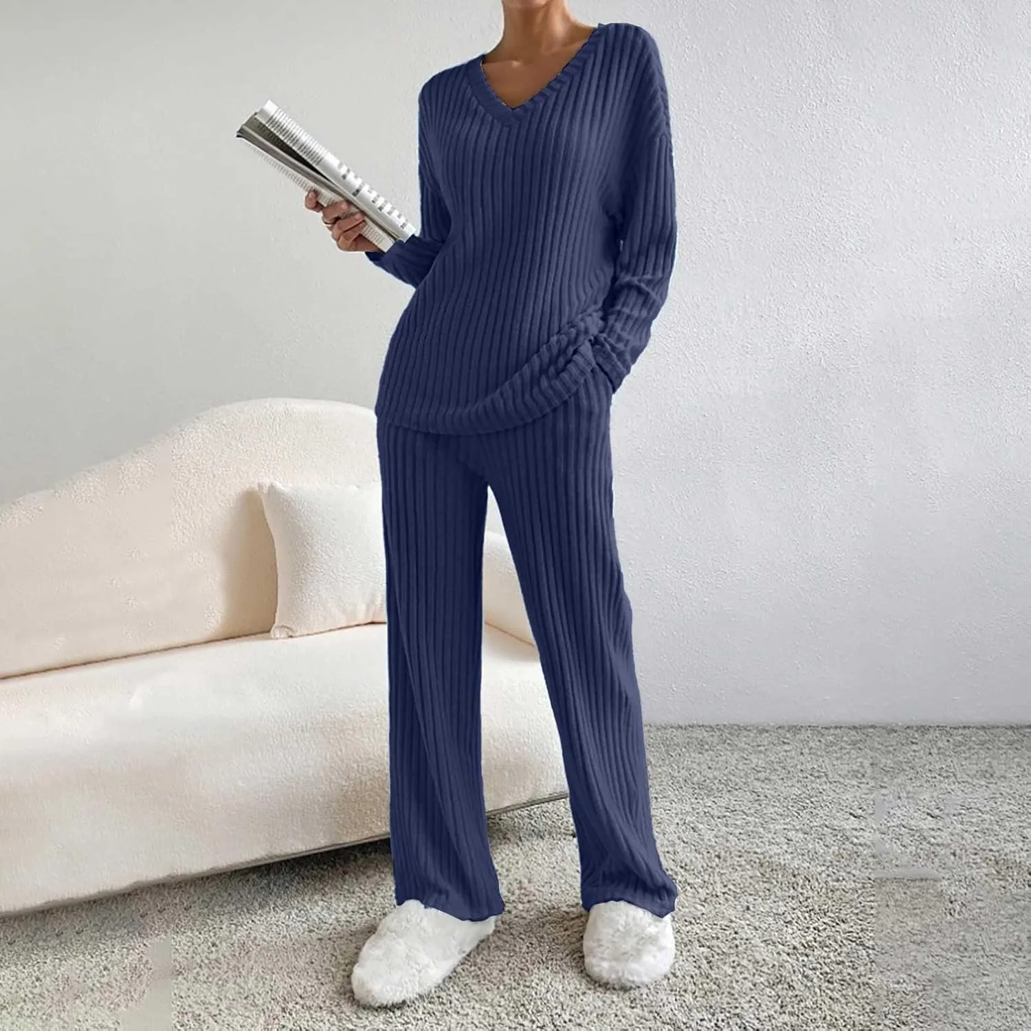 Women's Lounge Long Pajama Sets Trendy Loose Ribbed Knitted Loungewear Outfits Soft Solid Color Casual Sleepwear Sets