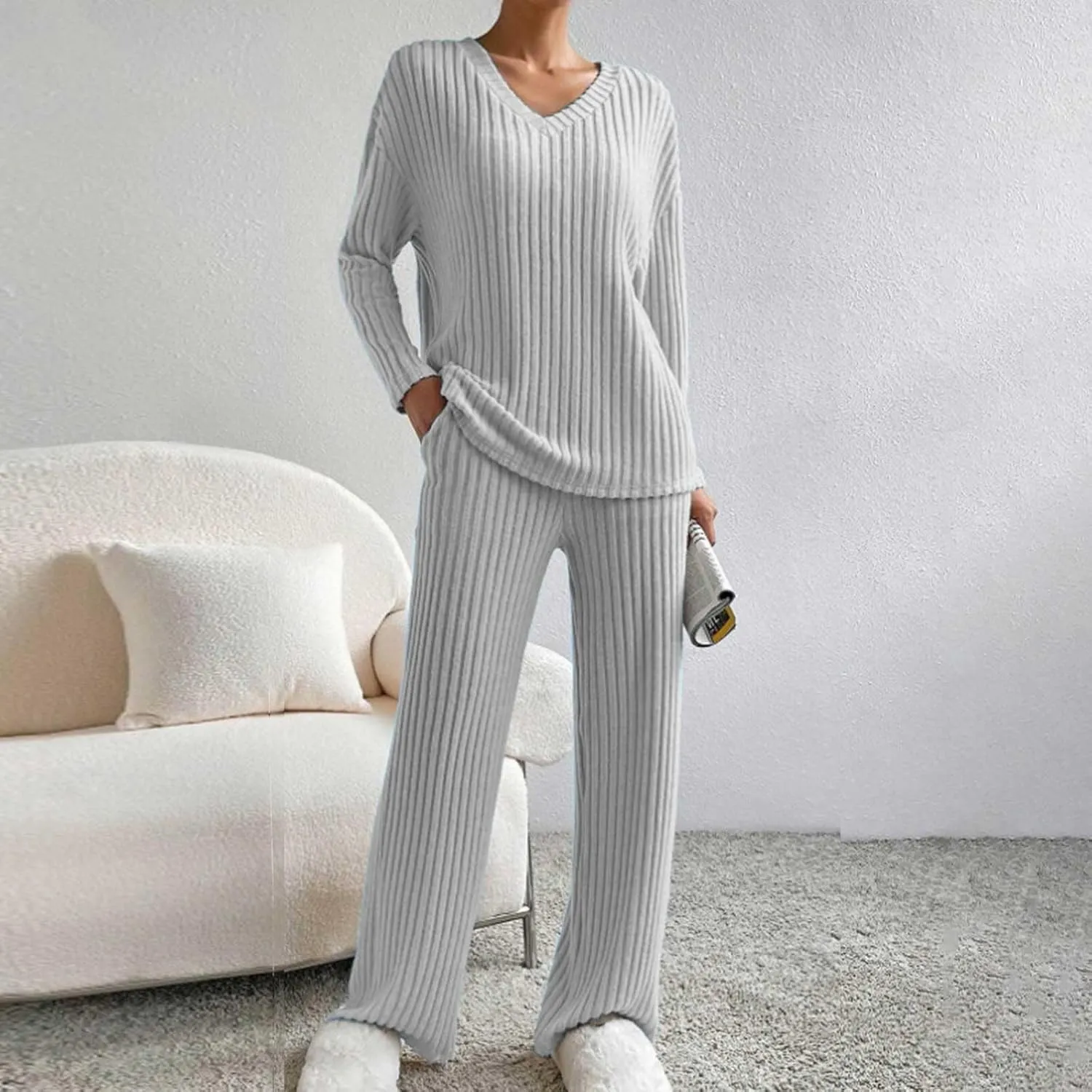 Women's Lounge Long Pajama Sets Trendy Loose Ribbed Knitted Loungewear Outfits Soft Solid Color Casual Sleepwear Sets