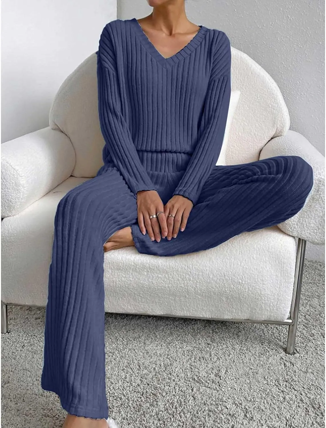 Women's Lounge Long Pajama Sets Trendy Loose Ribbed Knitted Loungewear Outfits Soft Solid Color Casual Sleepwear Sets