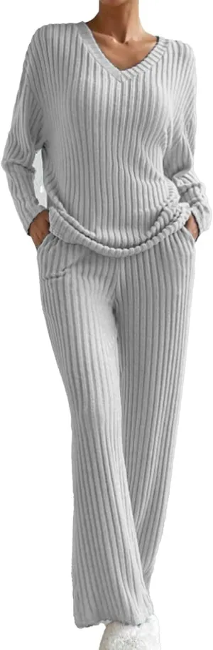 Women's Lounge Long Pajama Sets Trendy Loose Ribbed Knitted Loungewear Outfits Soft Solid Color Casual Sleepwear Sets