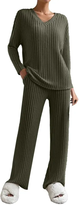 Women's Lounge Long Pajama Sets Trendy Loose Ribbed Knitted Loungewear Outfits Soft Solid Color Casual Sleepwear Sets