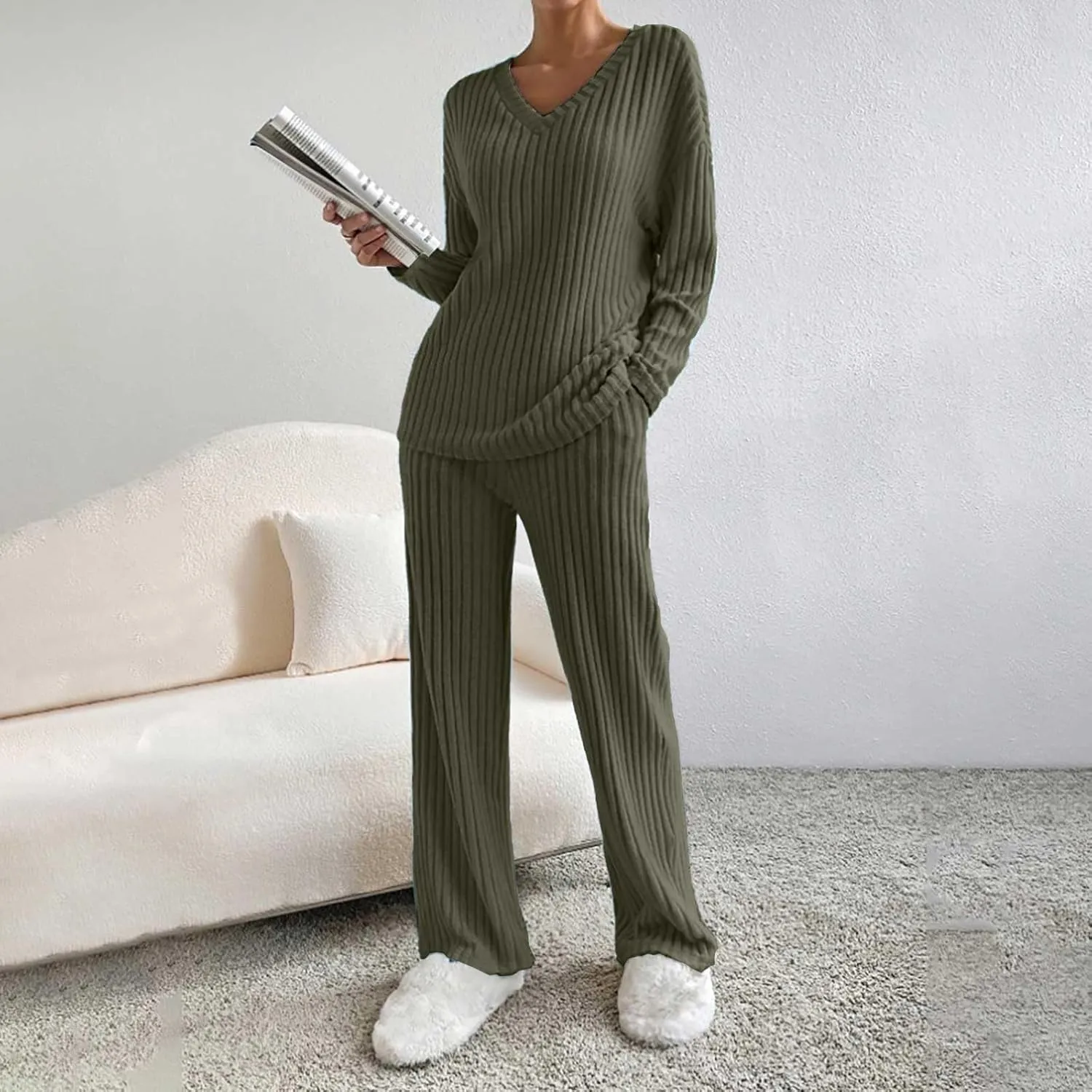 Women's Lounge Long Pajama Sets Trendy Loose Ribbed Knitted Loungewear Outfits Soft Solid Color Casual Sleepwear Sets