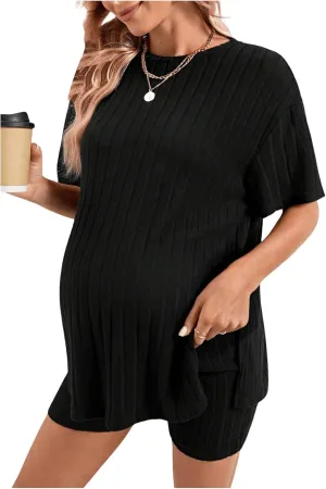 Women's Maternity Pajamas Set 2 Piece Outfits Rib Knit T Shirt and Biker Shorts Lounge Set Sleepwear