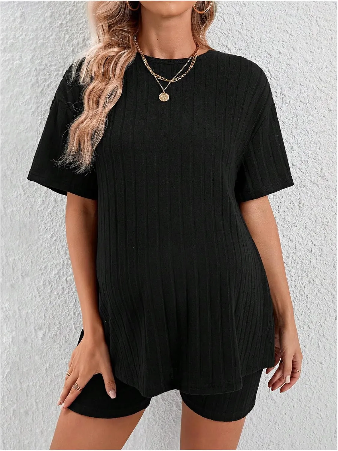 Women's Maternity Pajamas Set 2 Piece Outfits Rib Knit T Shirt and Biker Shorts Lounge Set Sleepwear