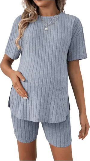 Women's Maternity Pajamas Set 2 Piece Outfits Rib Knit T Shirt and Biker Shorts Lounge Set Sleepwear